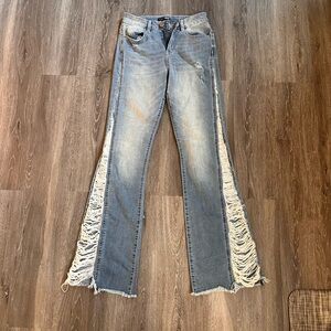 Fashion Nova Light Blue Fringe Flare Jeans